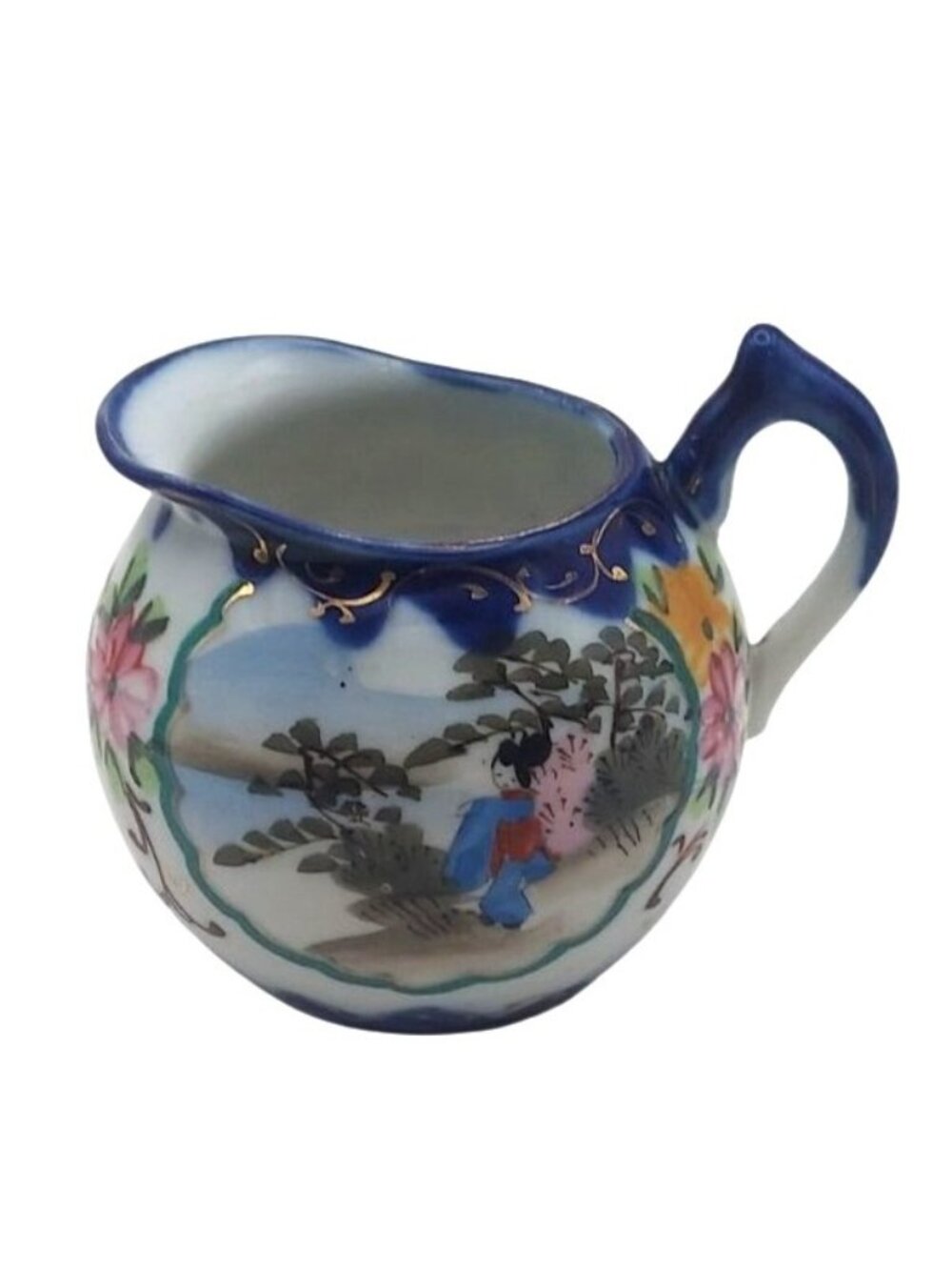 Geishaware Hand Painted Porcelain Creamer Cobalt Blue Floral Meiji Japan Antique